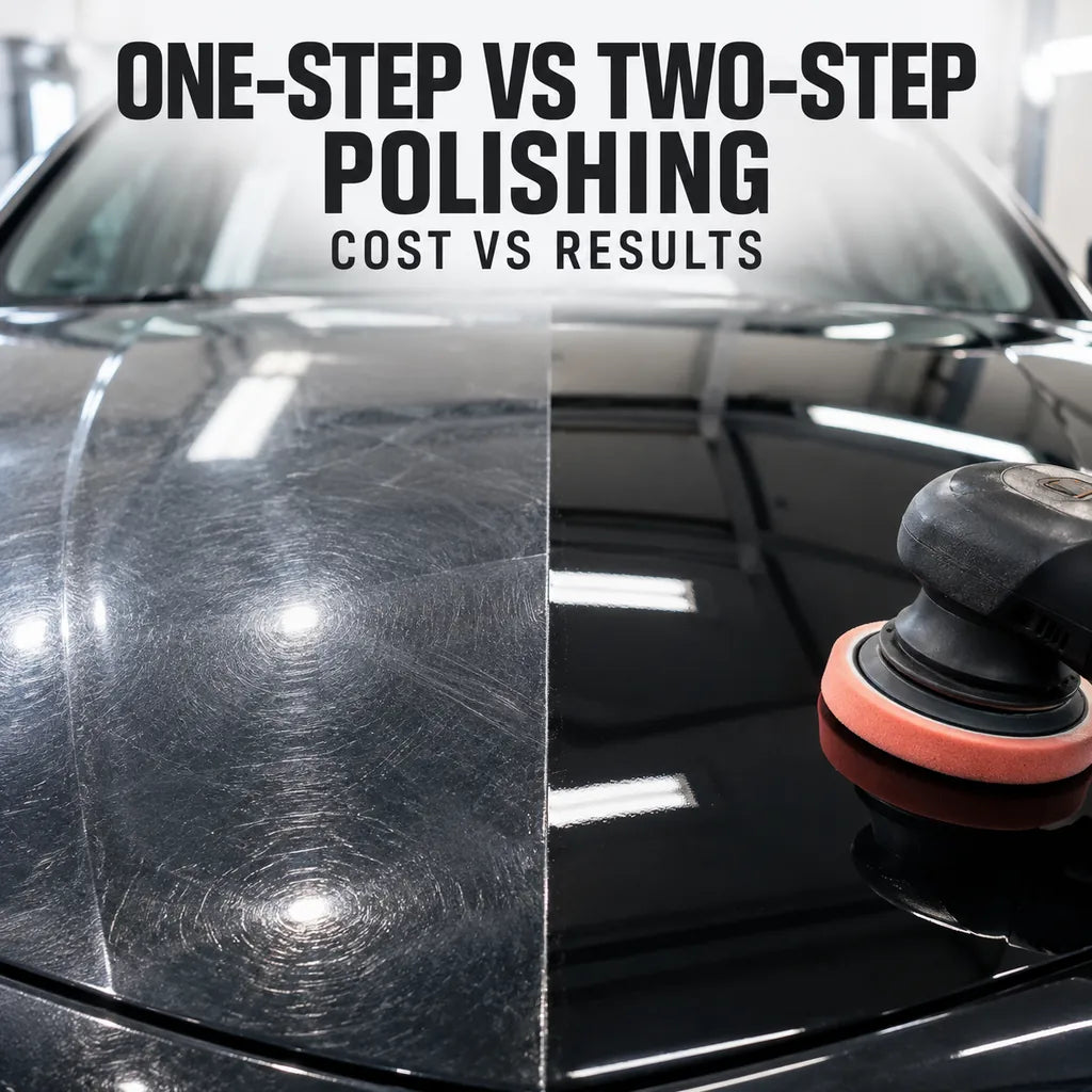 One-step vs two-step machine polishing comparison showing swirl mark removal on a car bonnet - CA Detailing