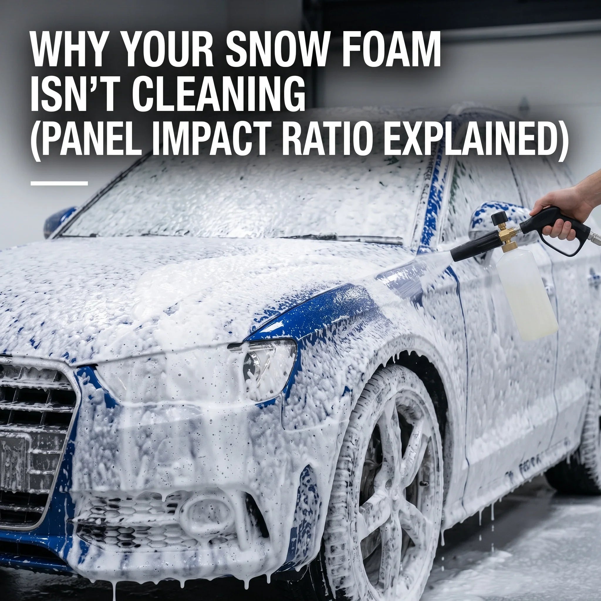 Snow foam covering a car panel with panel impact ratio calculation overlay - CA Detailing