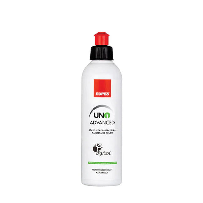 A bottle of Rupes Uno Advanced Protection & Maintenance Polish with a white body and red cap.