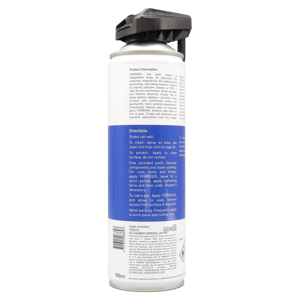 Bilt Hamber Ferrosol 500ml aerosol rear label showing directions for use