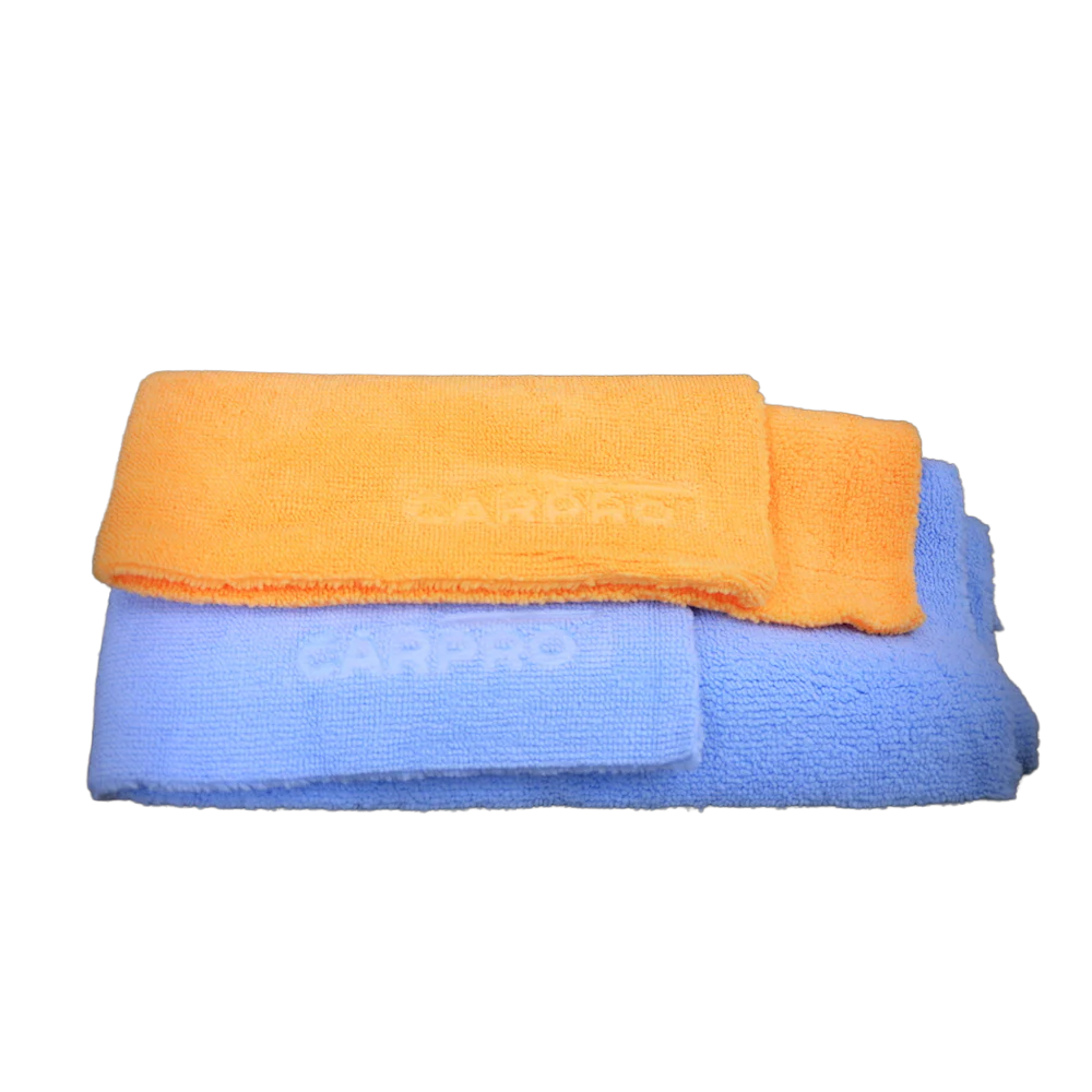 CarPro 2 Face No-Lint Microfibre Cloths Pack of 10 - orange and blue cloths, front view