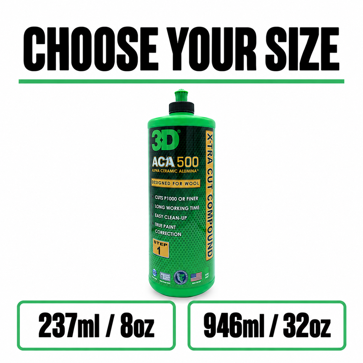 3D ACA 500 Xtra Cutting Polish Compound (Cuts P1000) — Which sizes are available?