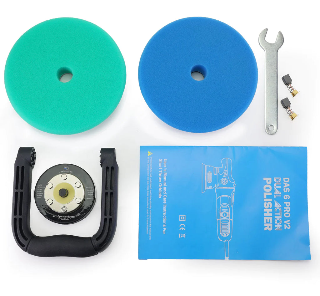 DAS-6 PRO polisher kit — backing plates, pads, D-handle and carry case