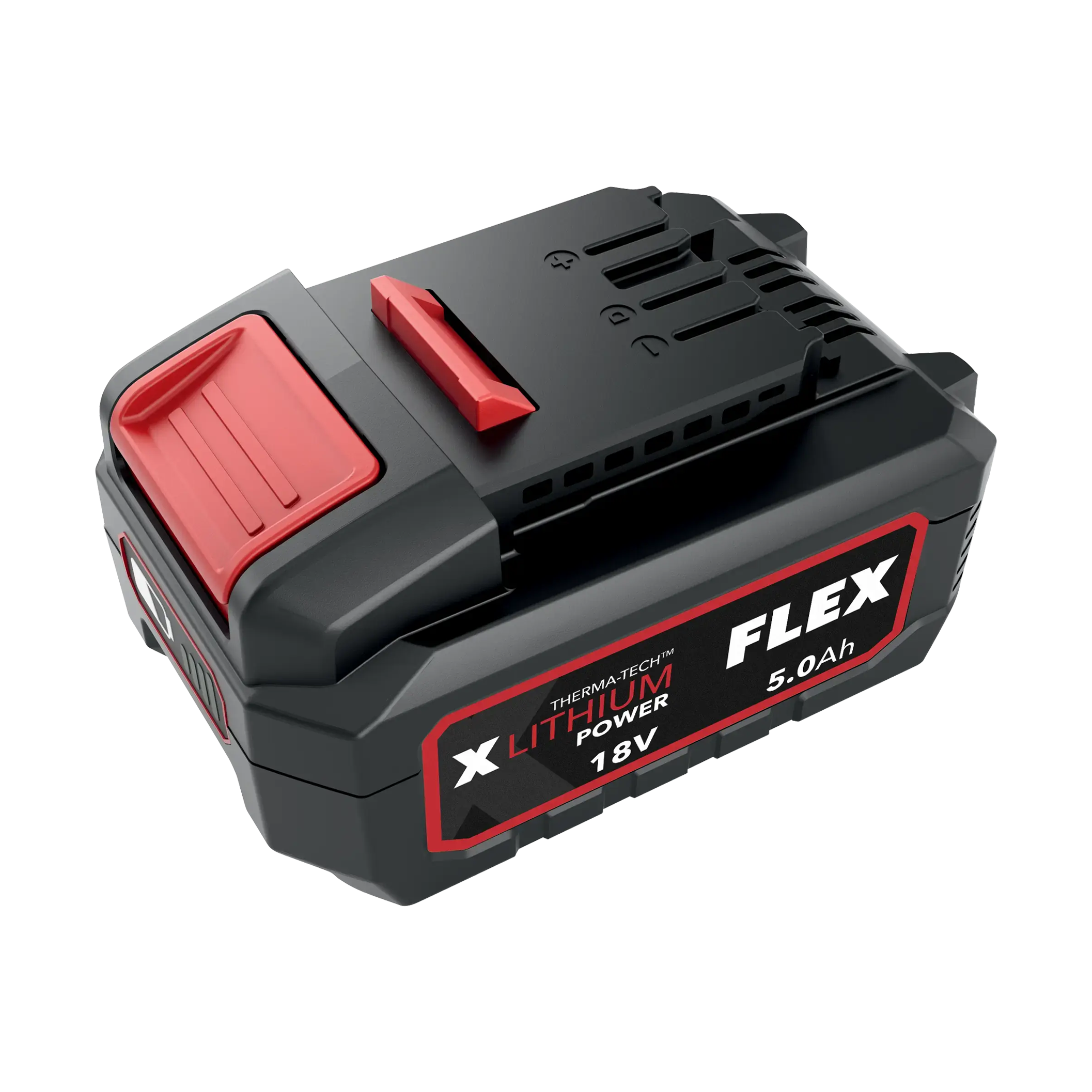 Flex AP 18.0/5.0 Ah 18V battery pack showing the capacity label, angled view