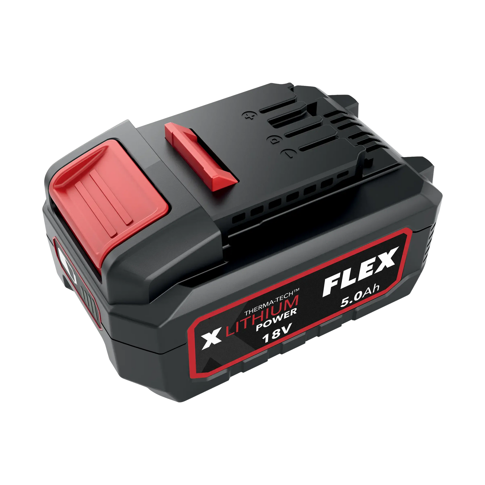 Flex AP 18.0/5.0 Ah 18V battery pack showing the capacity label, angled view