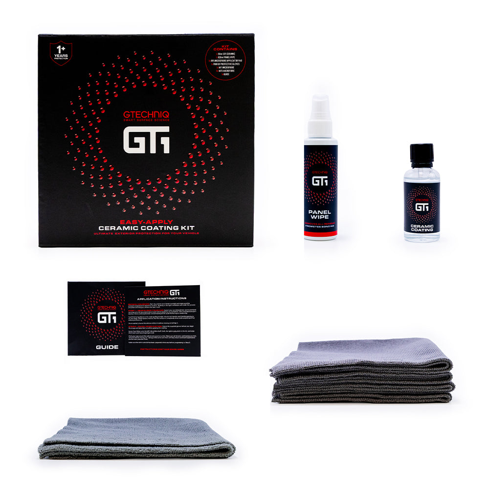 Gtechniq GT1 kit contents, coating, panel wipe, guide and microfibre cloths