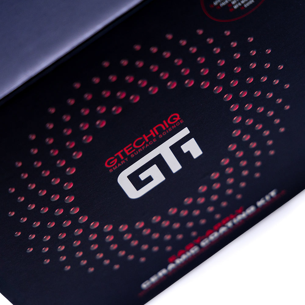 Gtechniq GT1 kit box, close up of the GT1 logo detail