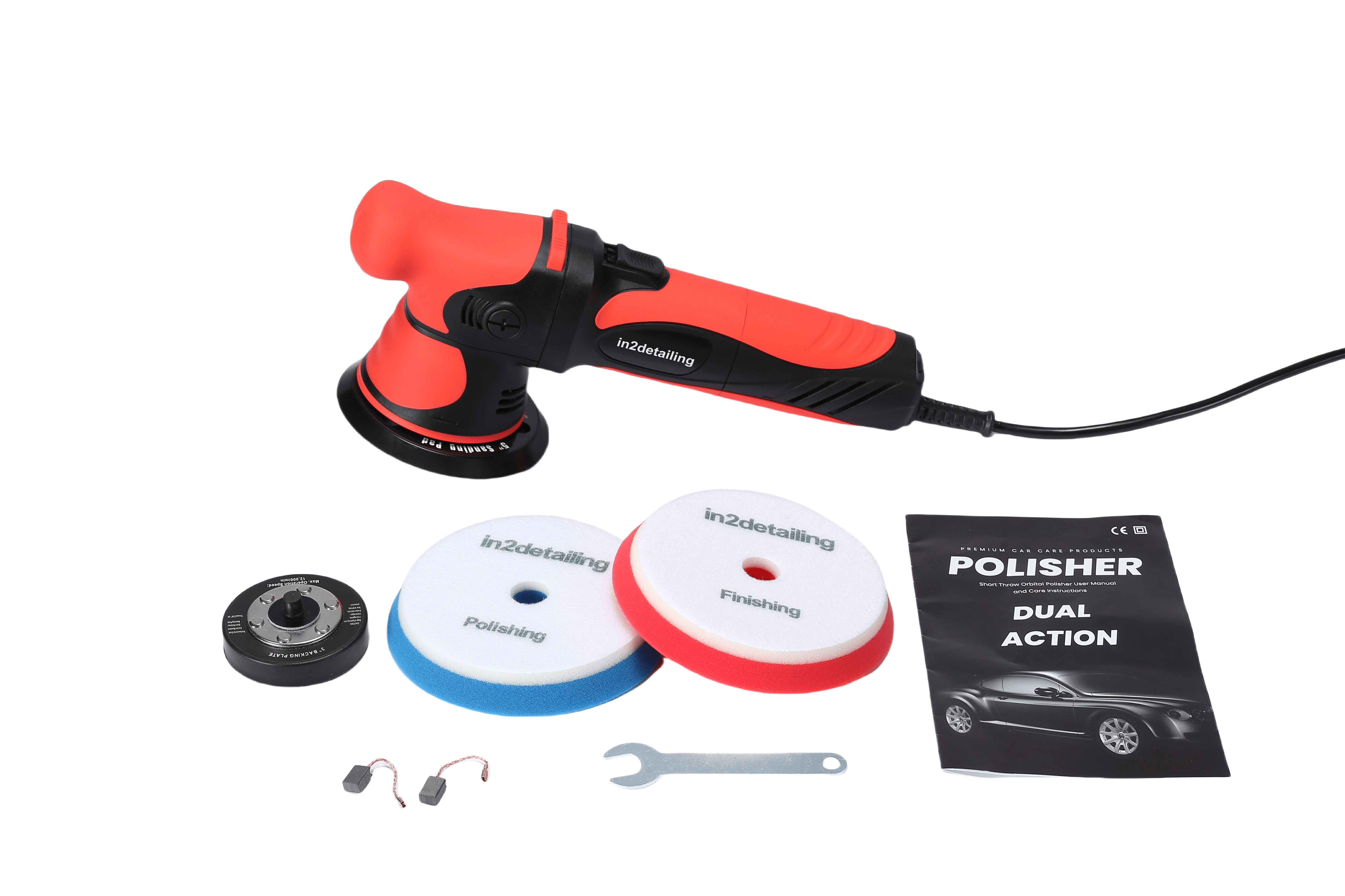 In2 DA9 V2 Dual Action Polisher full kit contents including pads, spanner and manual
