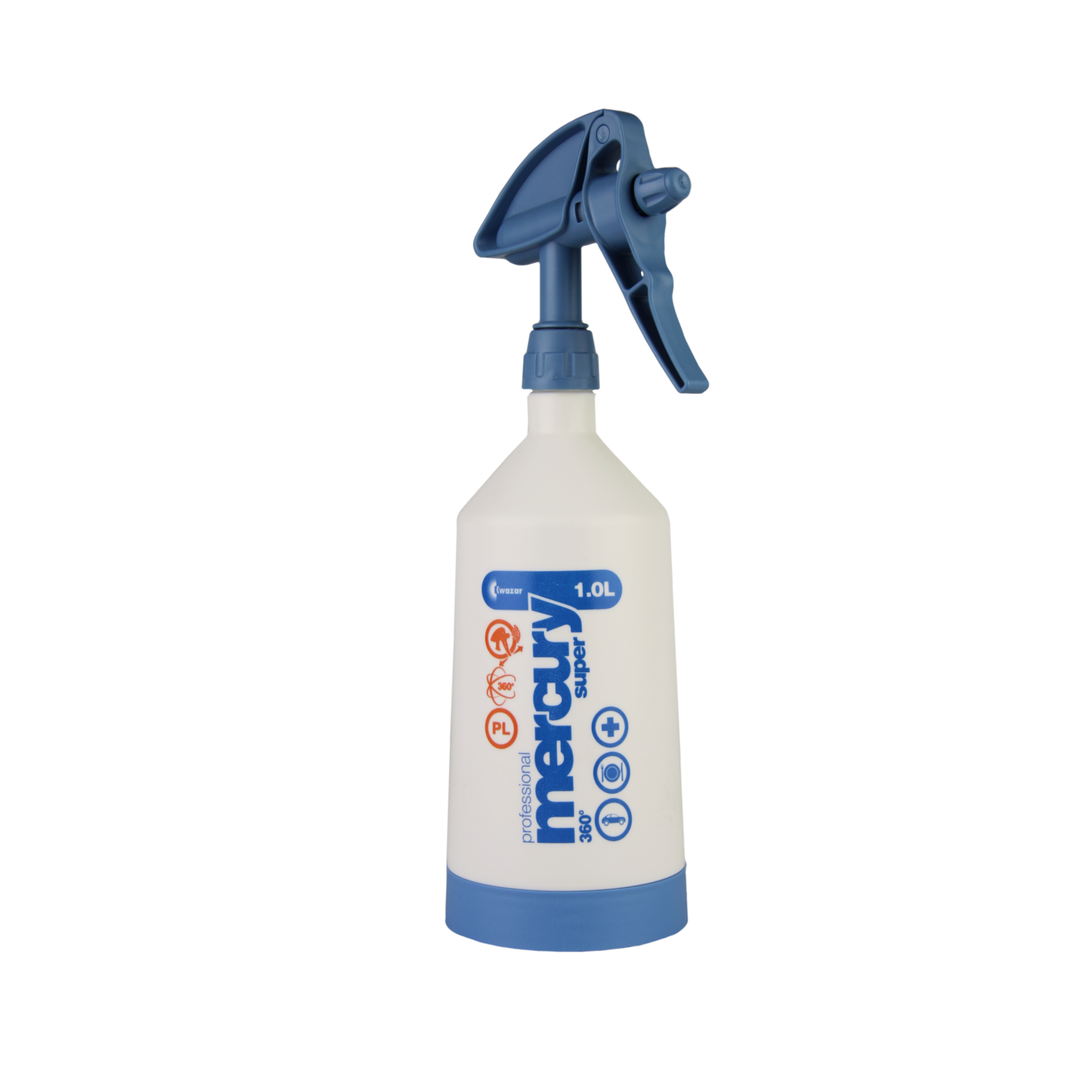 Kwazar Mercury Pro+ 360 double-action trigger spray bottle in blue, 1 litre, front view