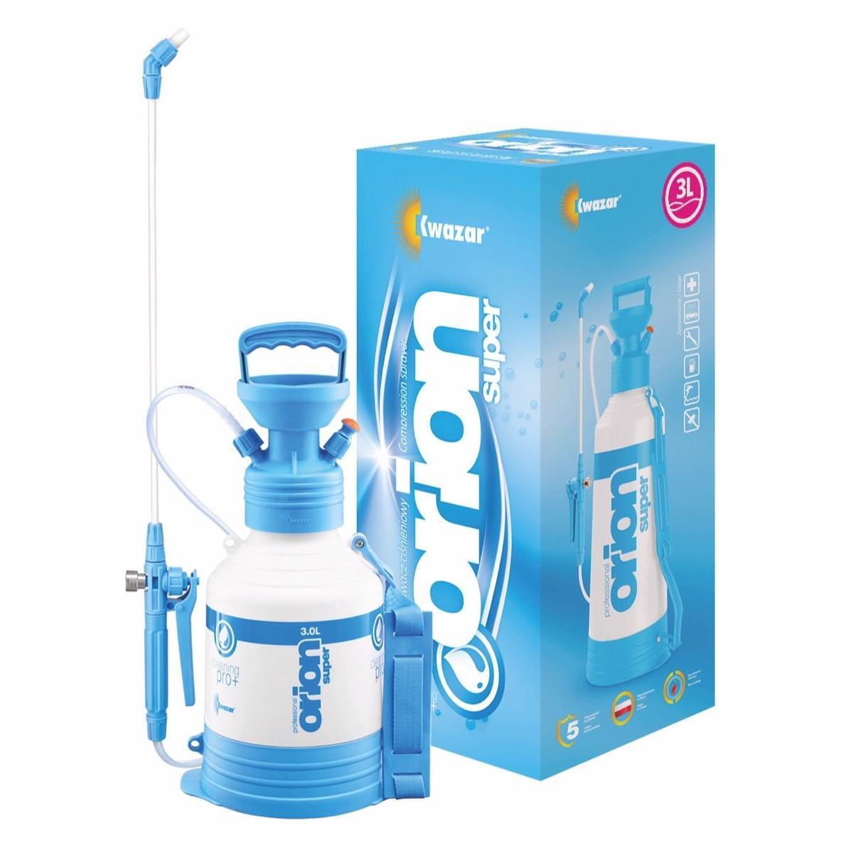 Kwazar Orion Super Pro+ pump-up pressure sprayer 3 litre in blue with lance and box, front view