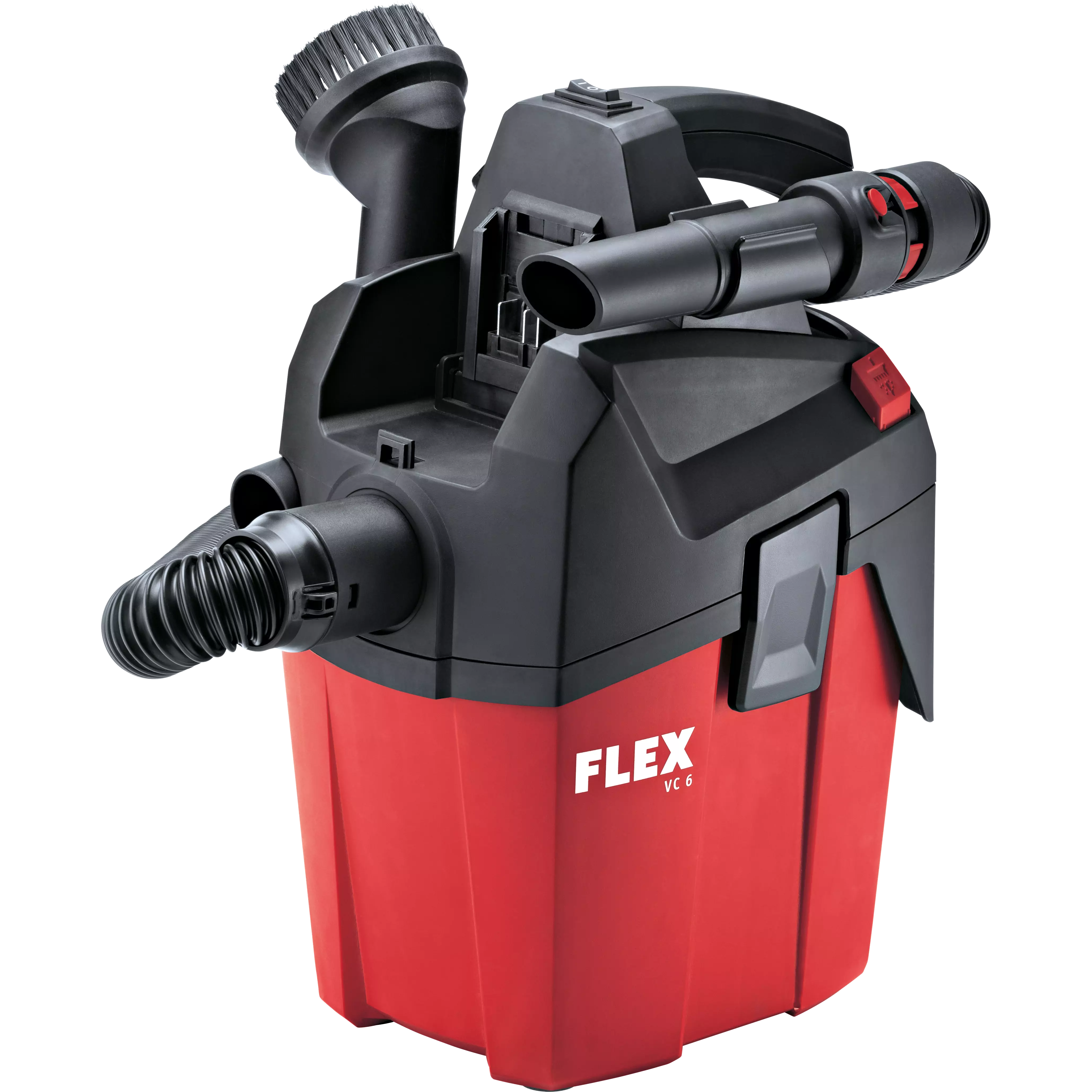 Flex VC 6 L MC 18.0V cordless vacuum with battery fitted and hose stowed, front view