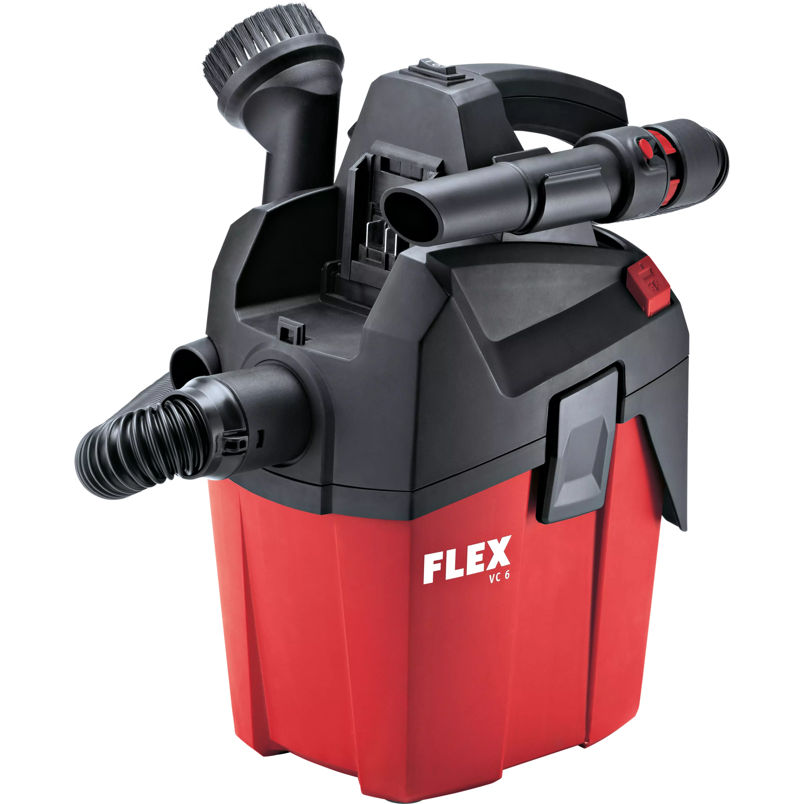 Flex VC 6 L MC 18.0V cordless vacuum with battery fitted and hose stowed, front view