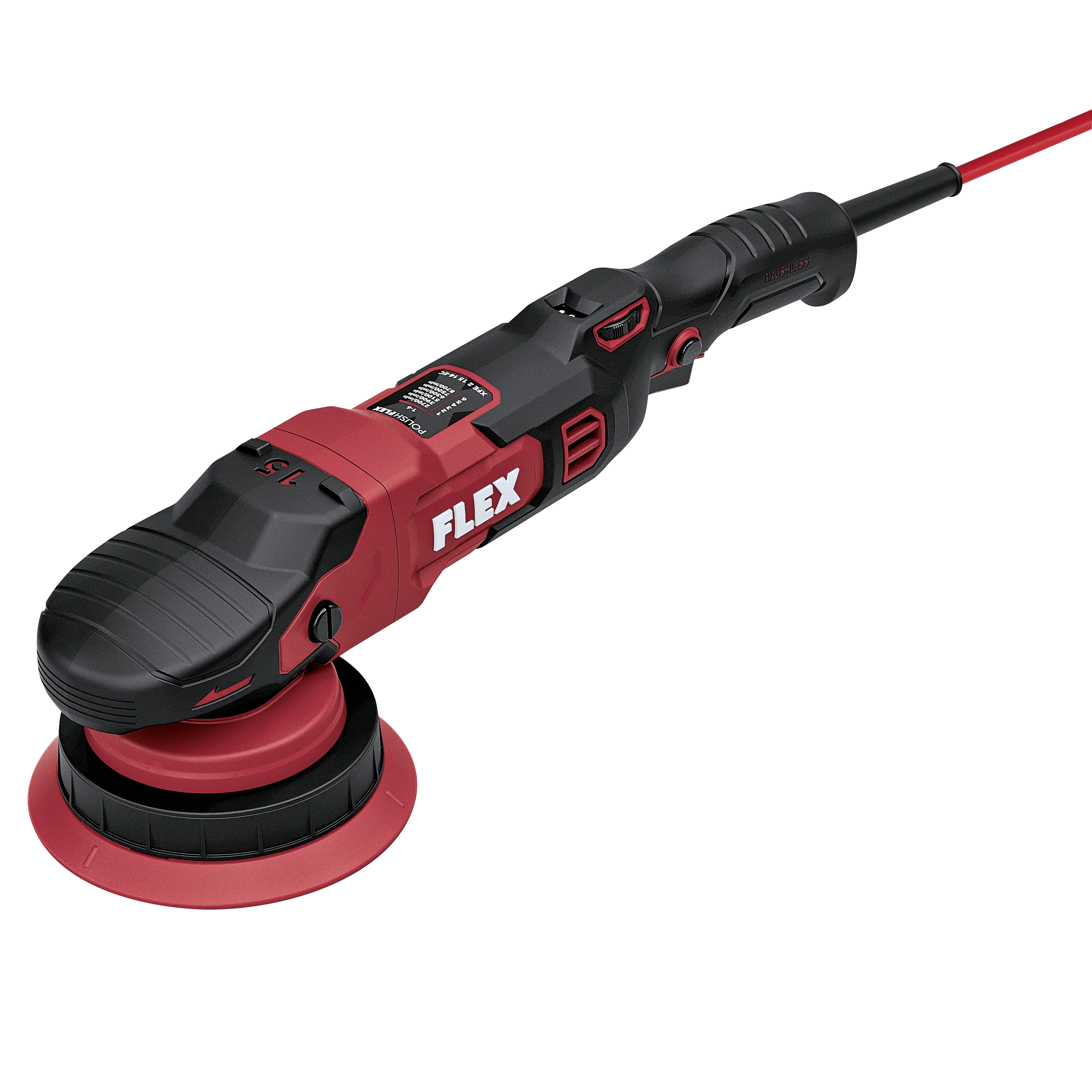 Flex XFE 2 15 14-EC C random orbital polisher with backing pad fitted, side view