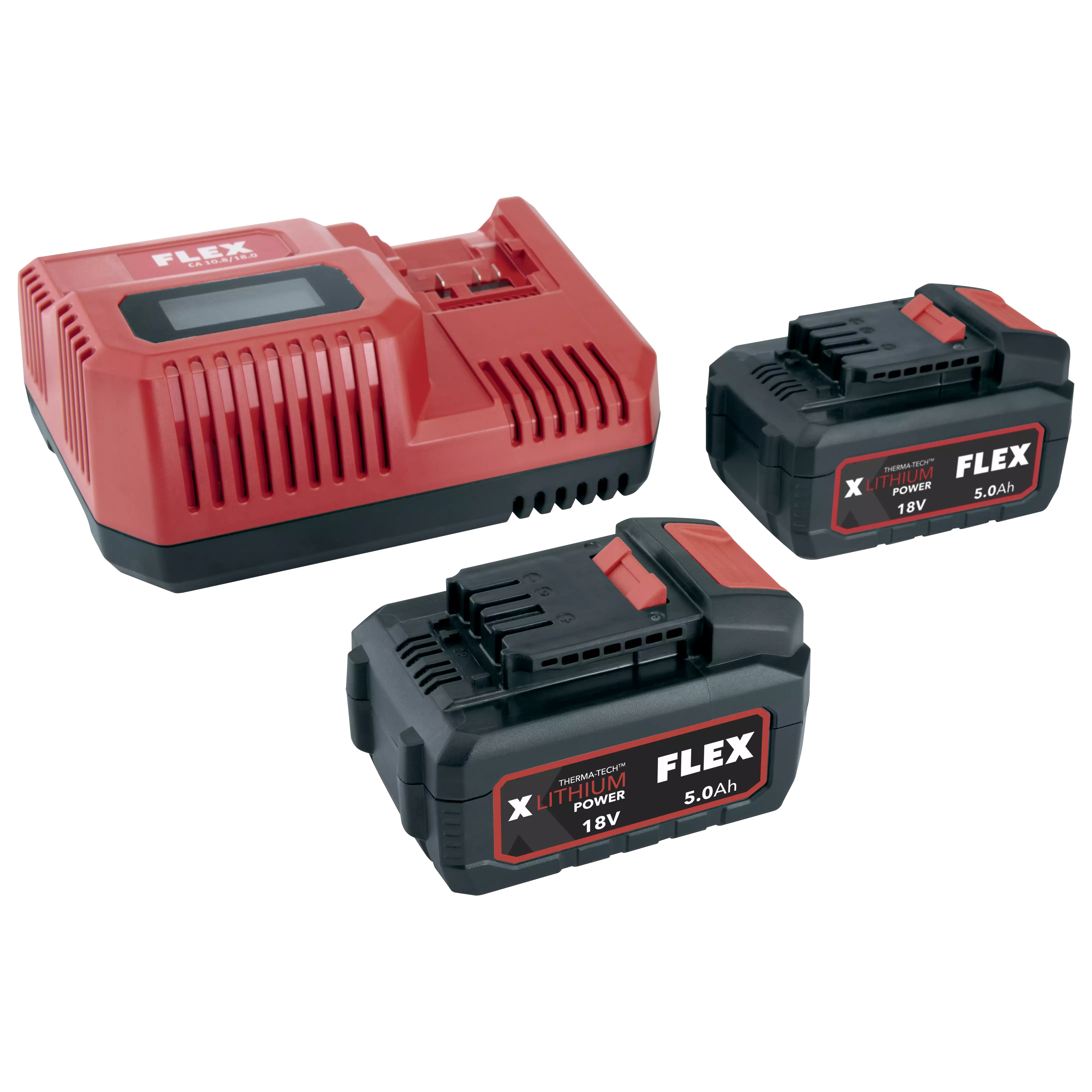 Flex P-Set 55 R rapid charger with two 5.0 Ah 18V battery packs, complete set
