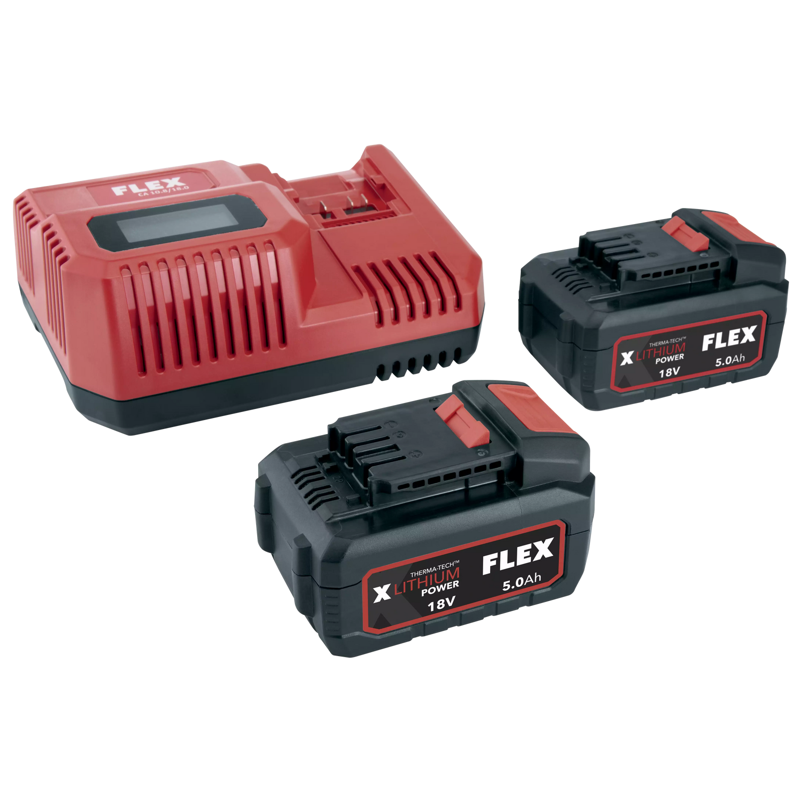 Flex P-Set 55 R rapid charger with two 5.0 Ah 18V battery packs, complete set