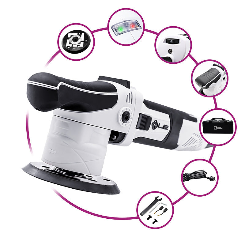 Liquid Elements T2000 V4 polisher shown with backing plate, carbon brushes and accessories