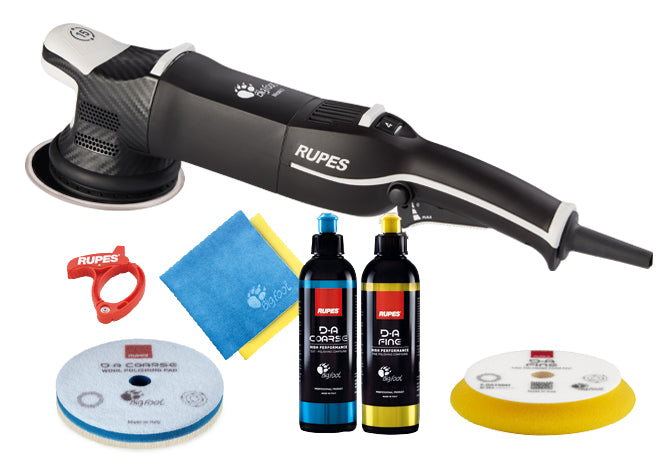 Rupes BigFoot LHR15 Mark V BAS Kit contents - polisher, DA coarse and fine compounds, wool and foam pads, microfibre towel and cord clamp