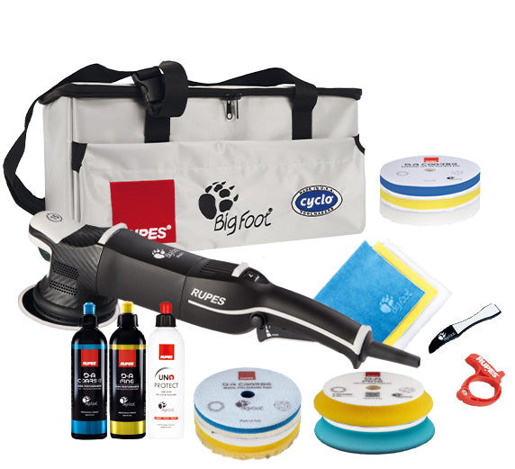 Rupes BigFoot LHR15 Mark V LUX Kit contents - polisher, kit bag, DA compounds, UNO Protect, pads, towels and detailing brush