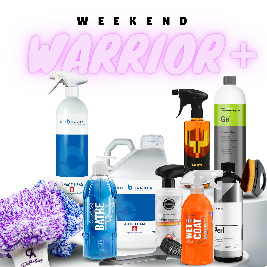 Weekend Warrior+ car cleaning bundle with snow foam, shampoo, sealant, wheel, glass and interior cleaners