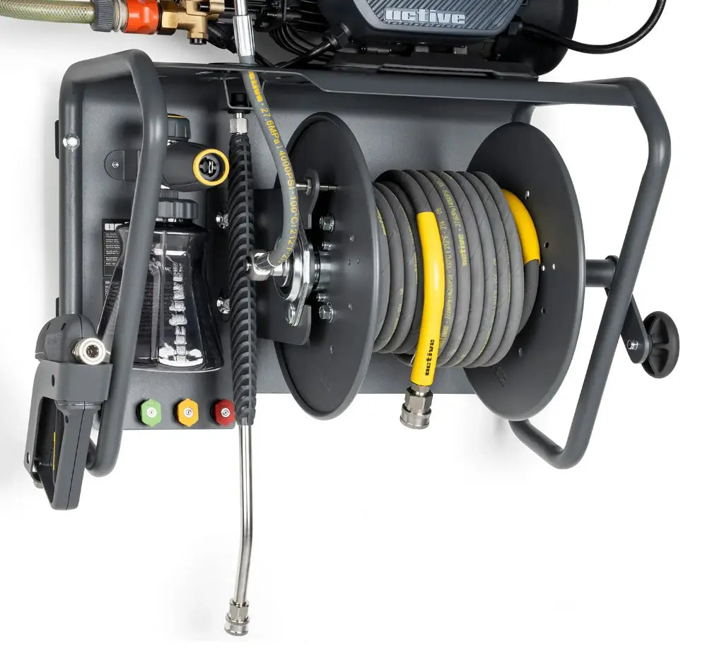 Active wall mount kit with high pressure hose wound on the reel and trigger gun stored