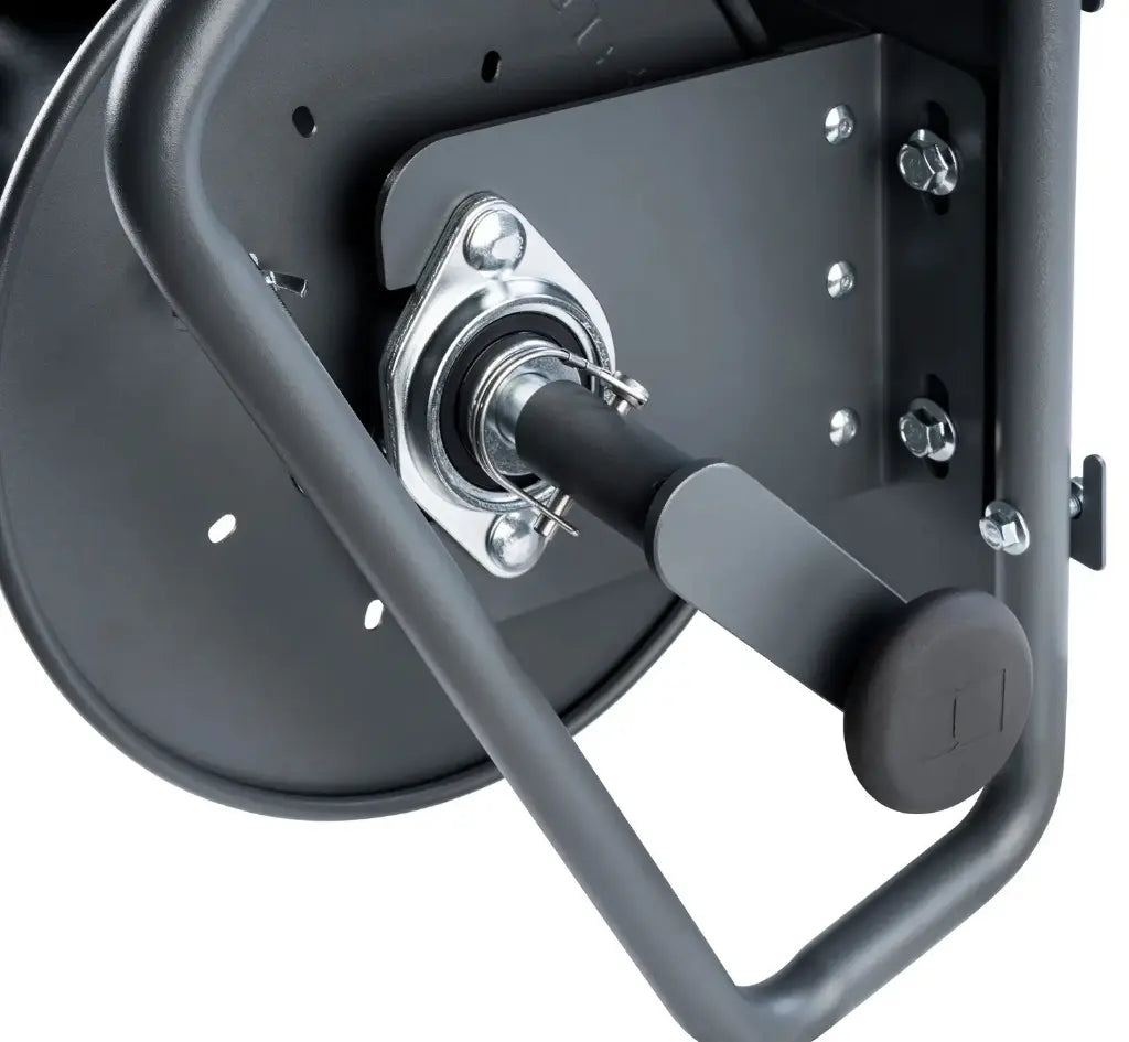 Close view of the Active wall mount hose reel drum and hand crank spindle