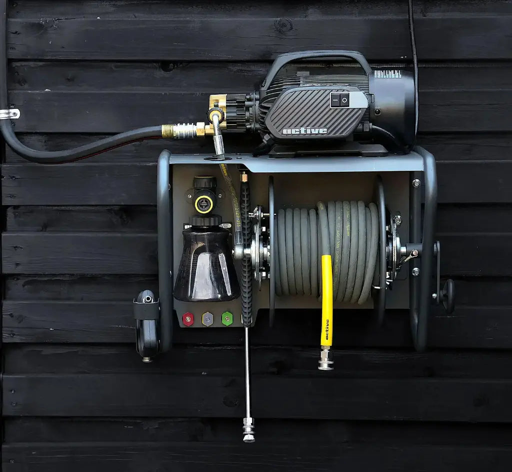 Active pressure washer wall mount kit side profile showing the backing plate