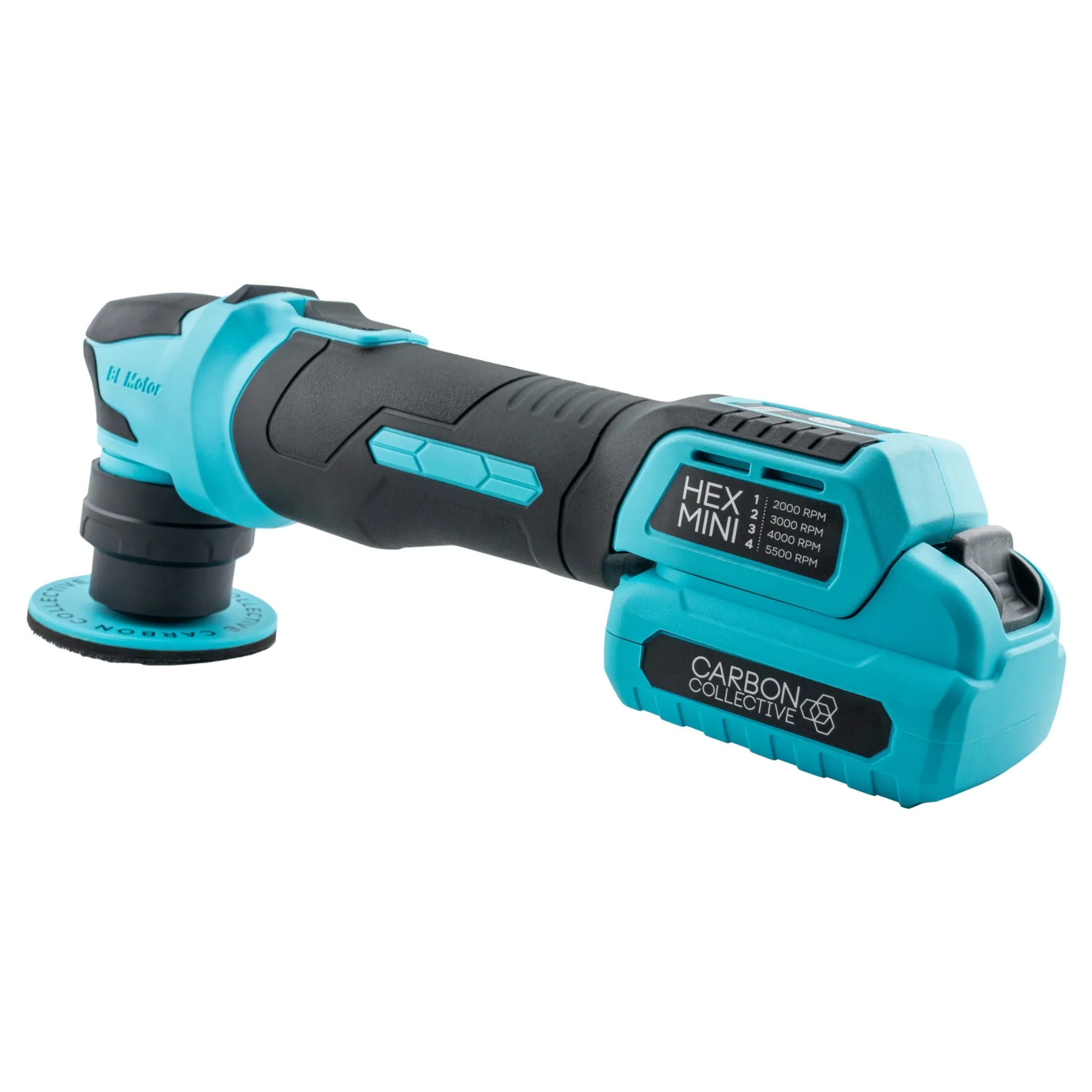 Carbon Collective HEX Mini polisher showing the speed control panel, angled view