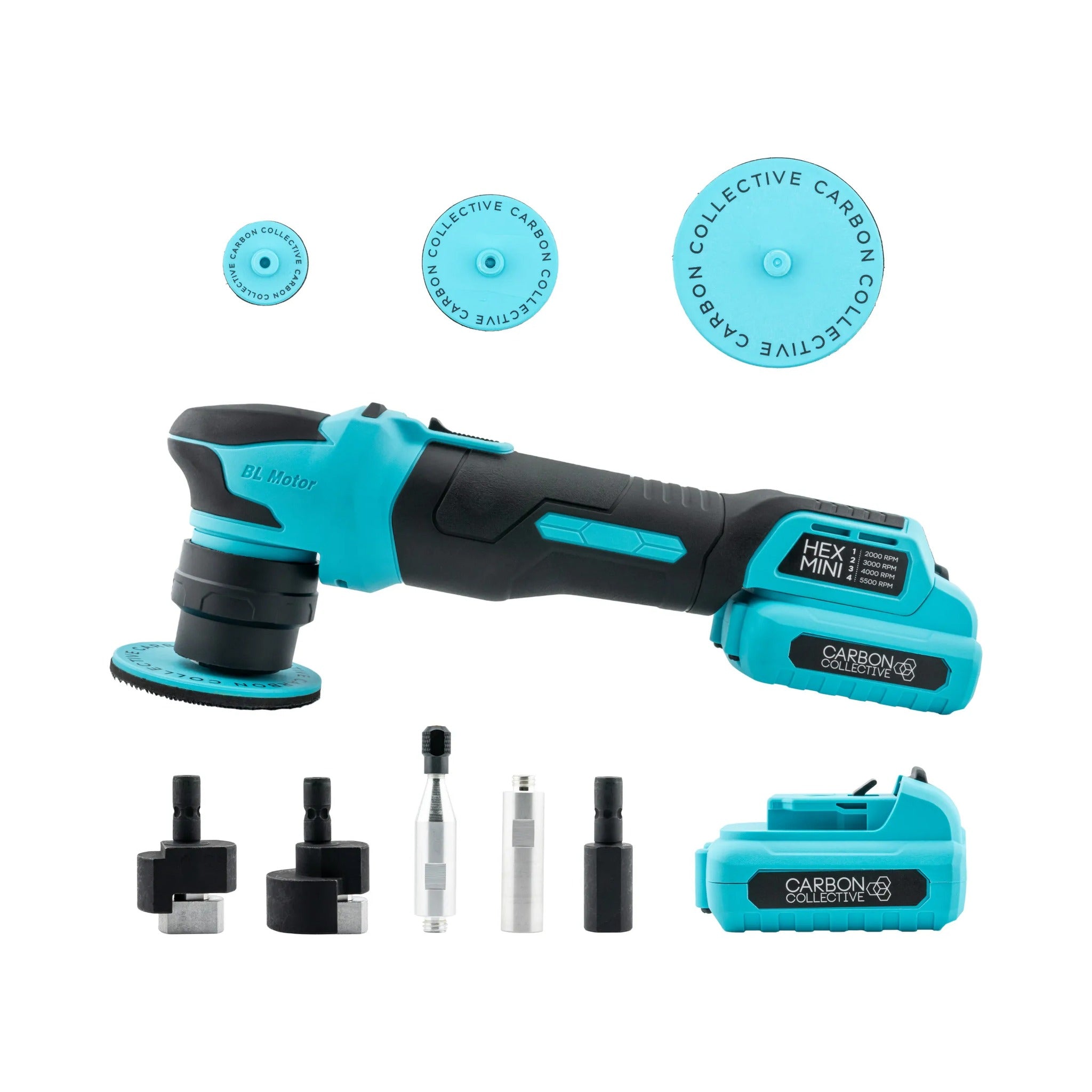 Carbon Collective HEX Mini cordless polisher kit with backing plates, adapters and two batteries