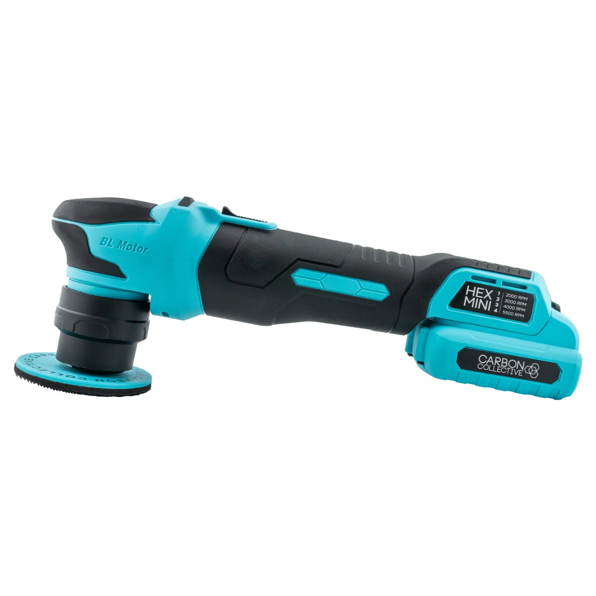 Carbon Collective HEX Mini cordless polisher with 12V battery fitted, side view