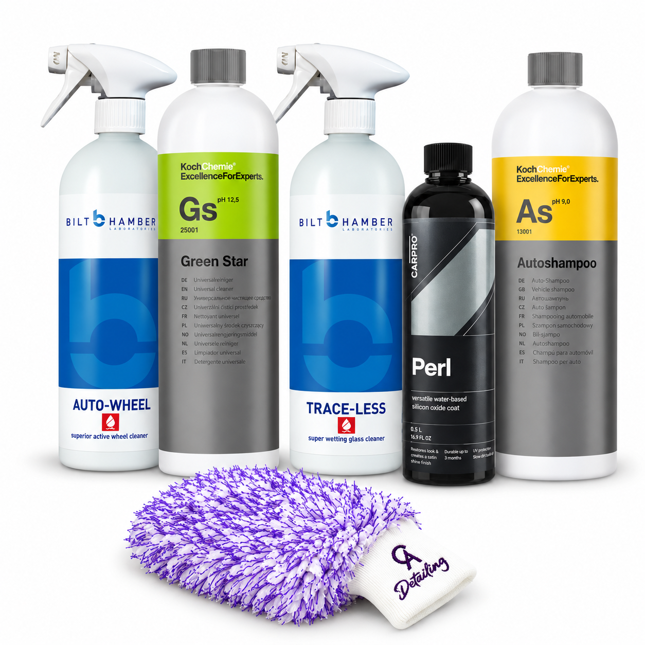Detailing Starter Bundle contents on white: Auto-Wheel, Green Star, Trace-Less, Perl, Autoshampoo and wash mitt