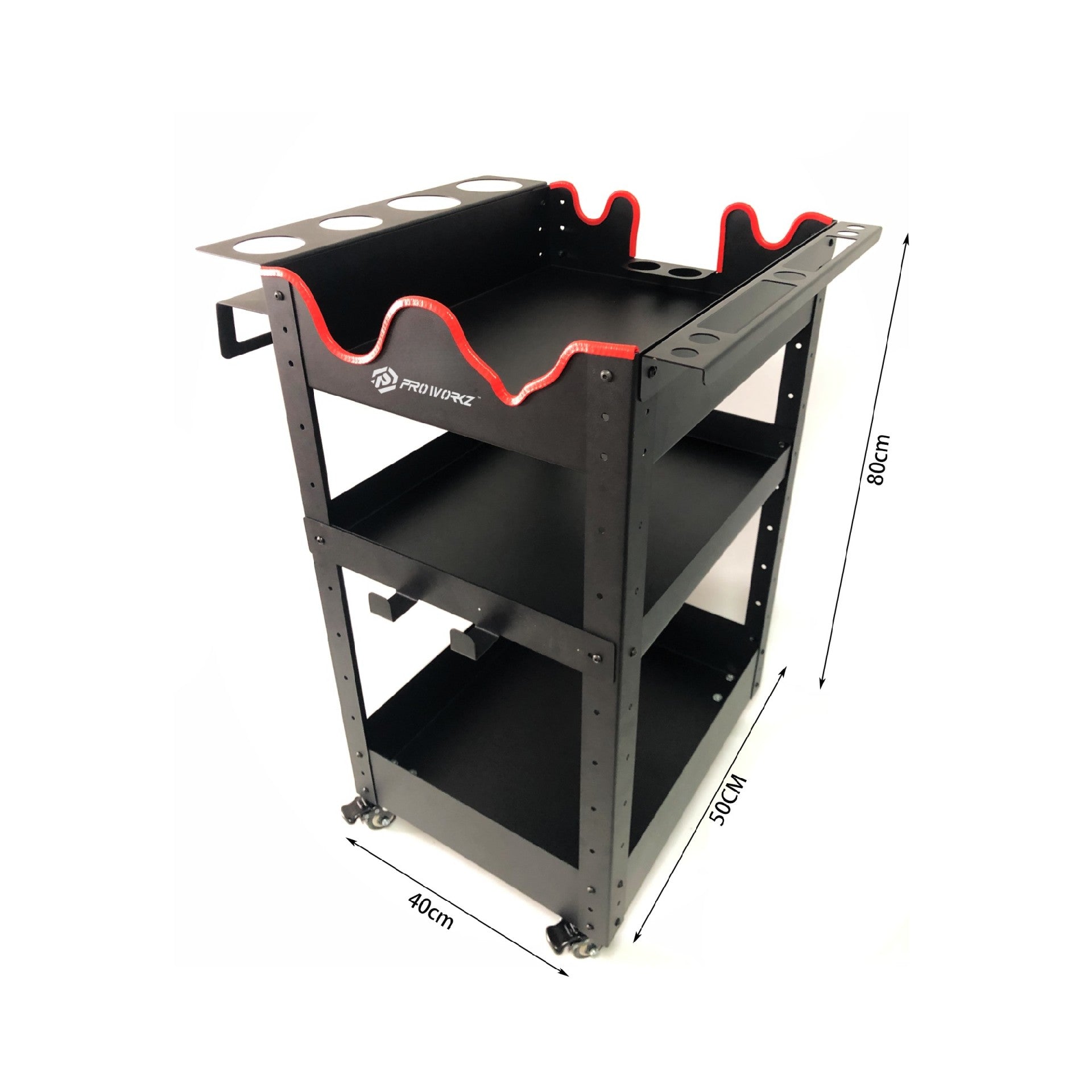 DTL LAB Detailing Cart — 3-tier steel detailing trolley with bottle, brush and polisher holders