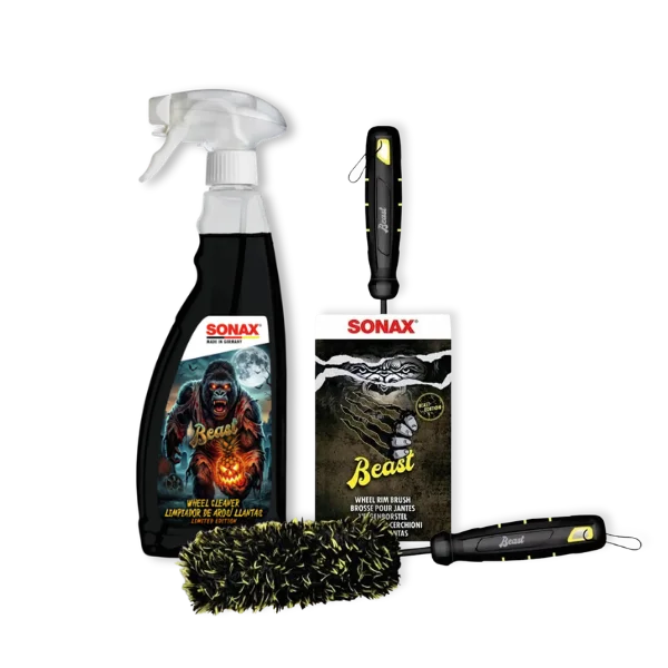 Sonax Halloween Beast Wheel Cleaning Kit, cleaner and rim brush, front view