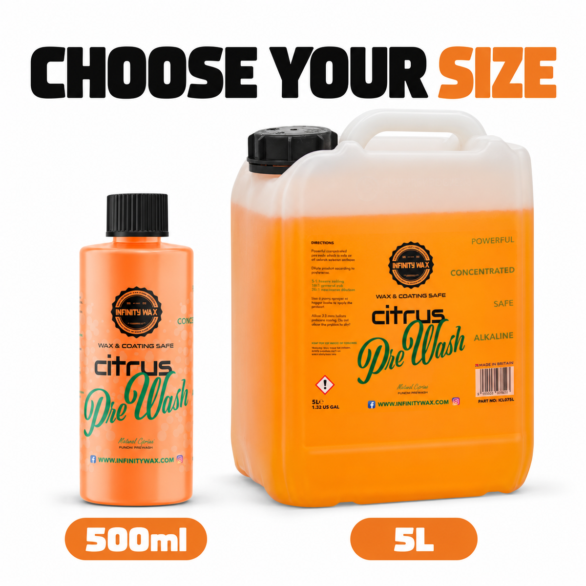 Infinity Wax Citrus Pre-Wash Concentrate — Which sizes are available?