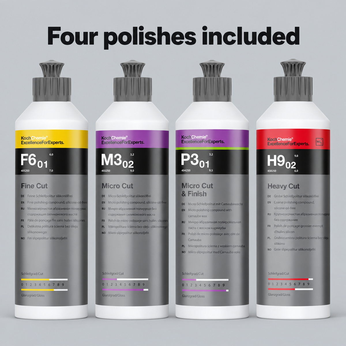 Koch-Chemie Polish System 250ml - 4 Car Paint Correction Sprays — Which polishes are included?