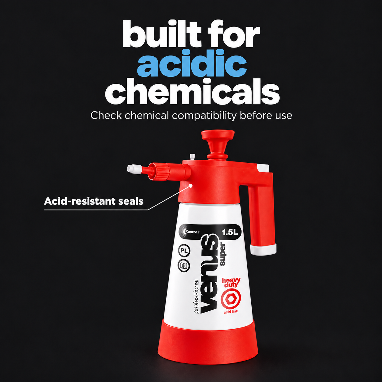 Kwazar Venus Super Pro+ Acid Pressure Sprayer 1.5L — Is this for acidic chemicals?