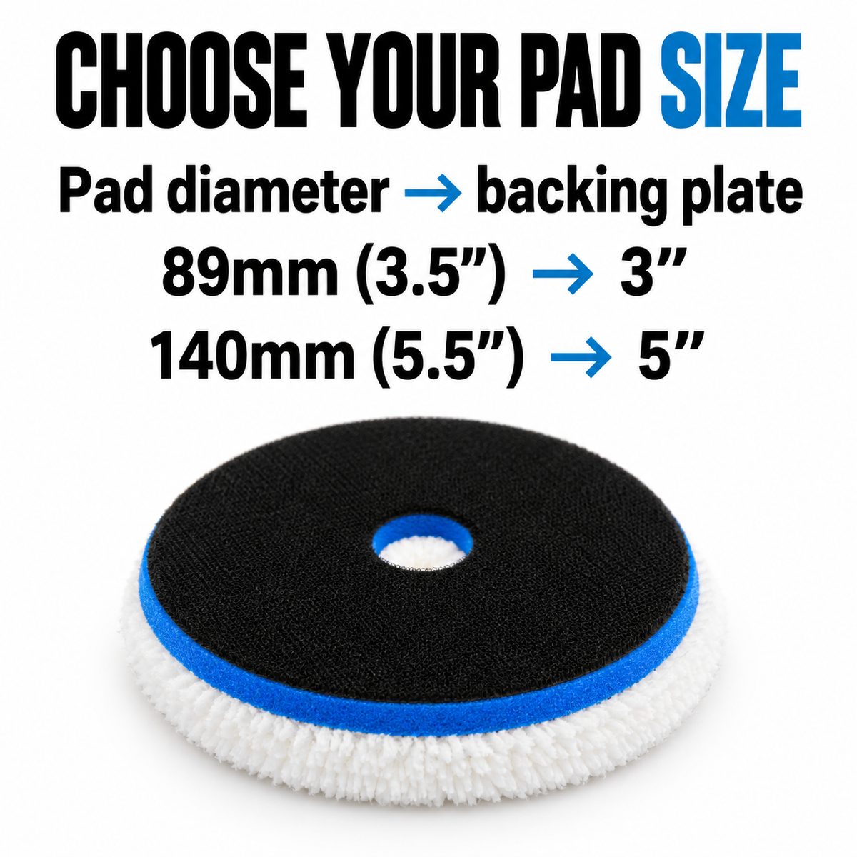 Lake Country HDO White/Blue Microfibre Cutting Pad (Various Sizes) — Which size fits my plate?
