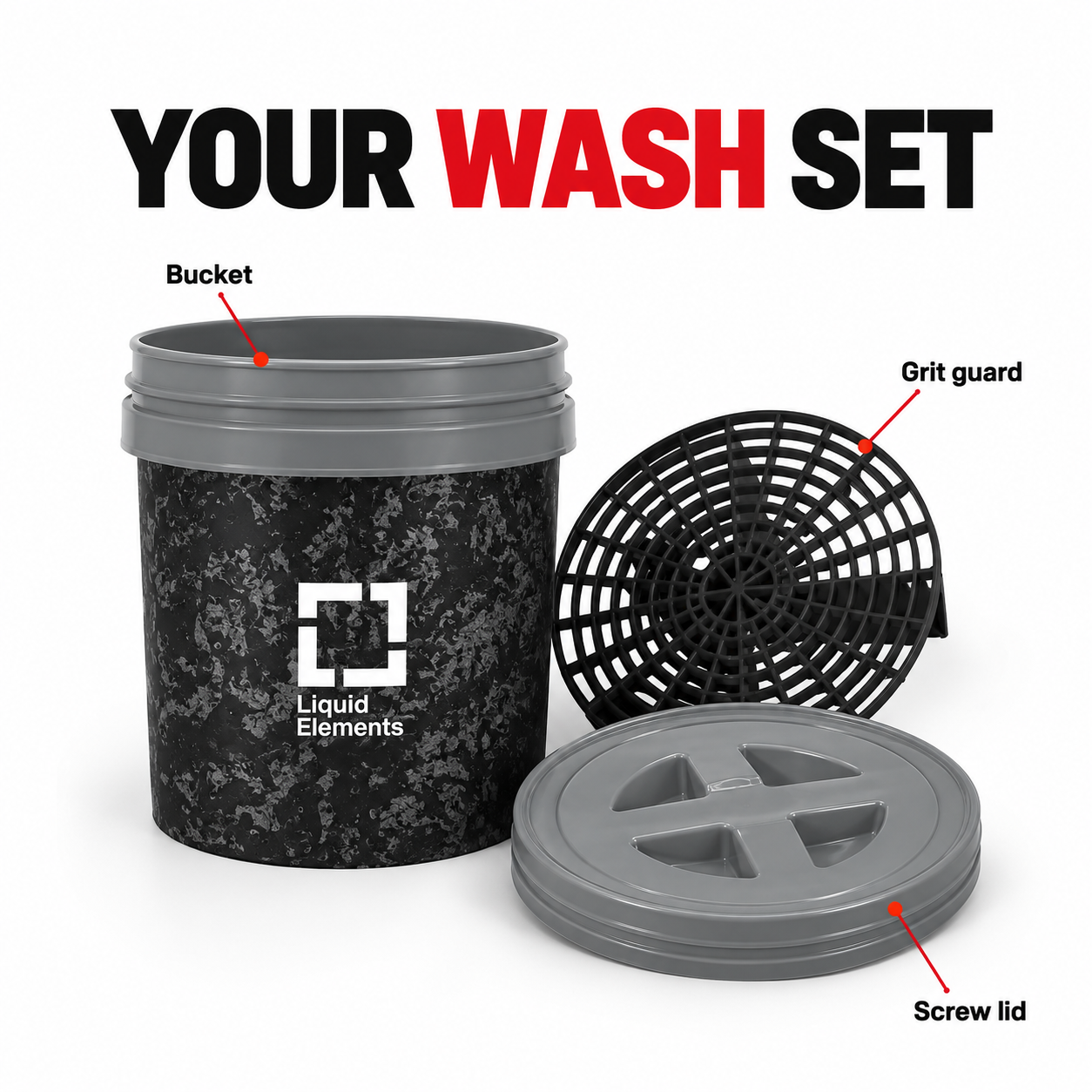 Liquid Elements 20L Washing Bucket with Grit Guard & Lid — What is included?