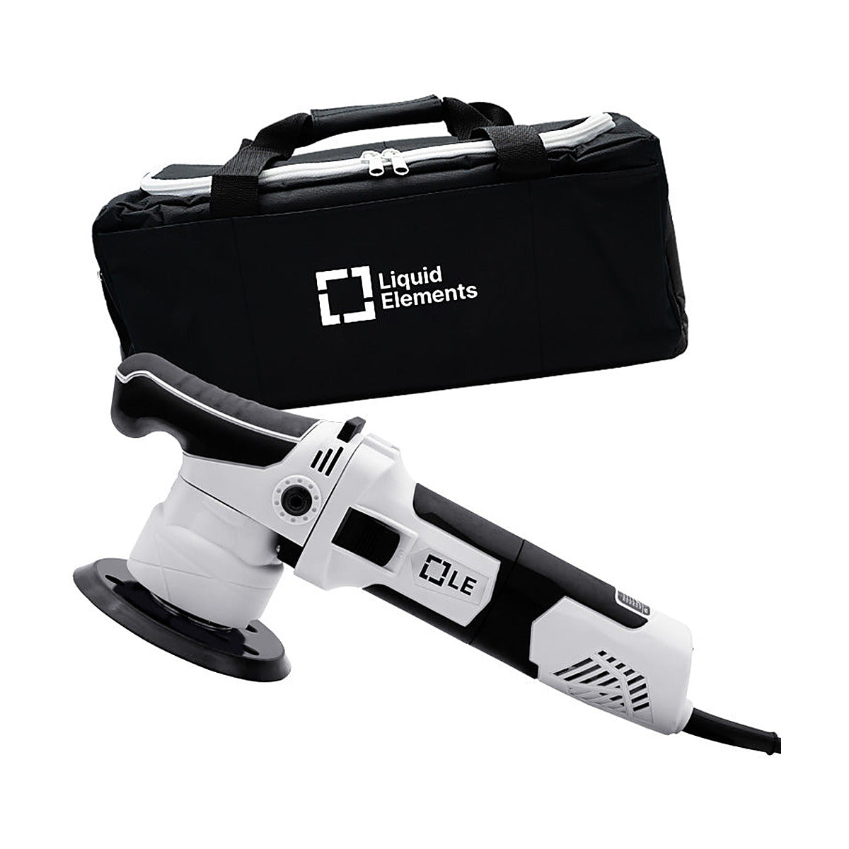 Liquid Elements T2000 V4 dual action polisher with storage bag, front view