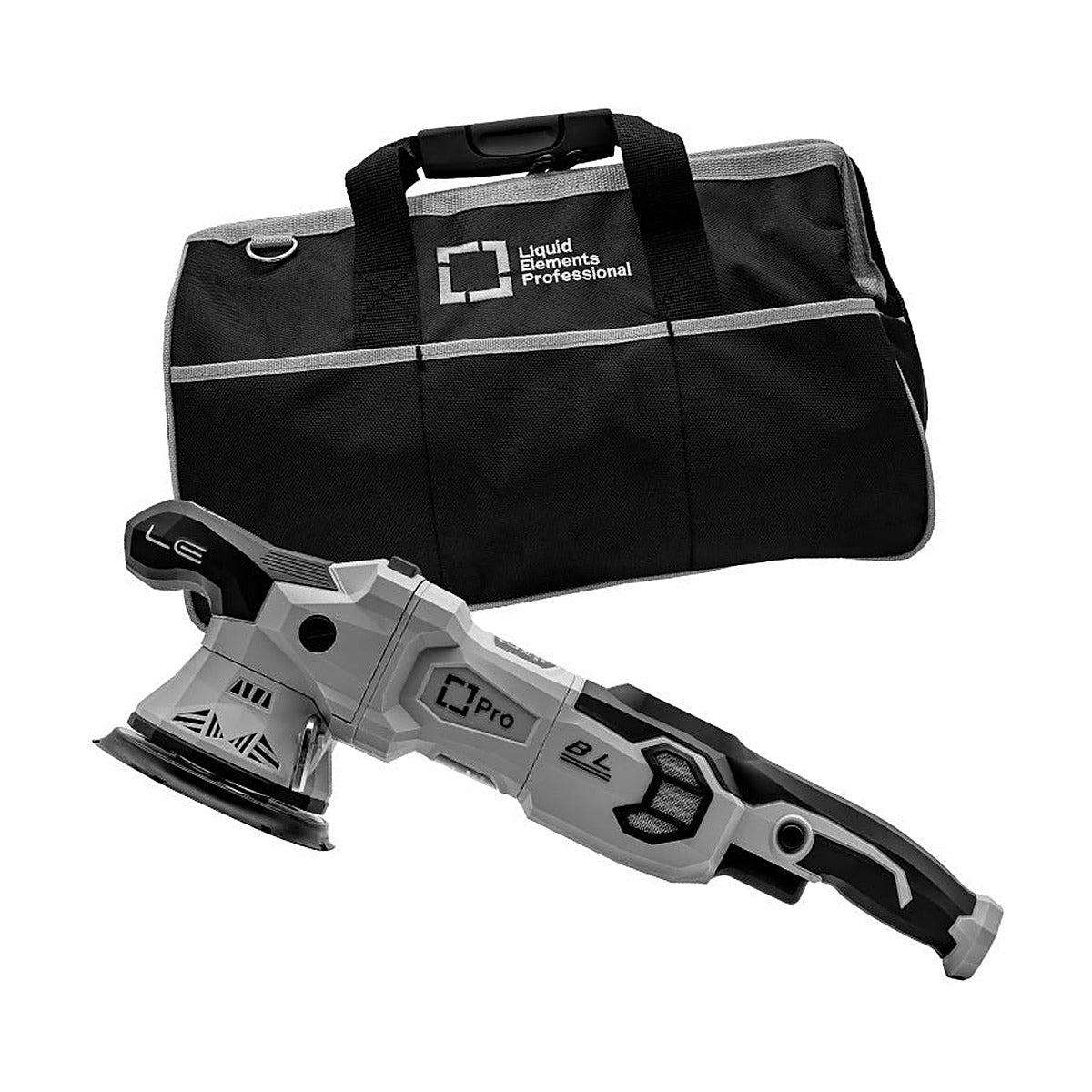 Liquid Elements T4500 Pro brushless dual action polisher with storage bag, front view