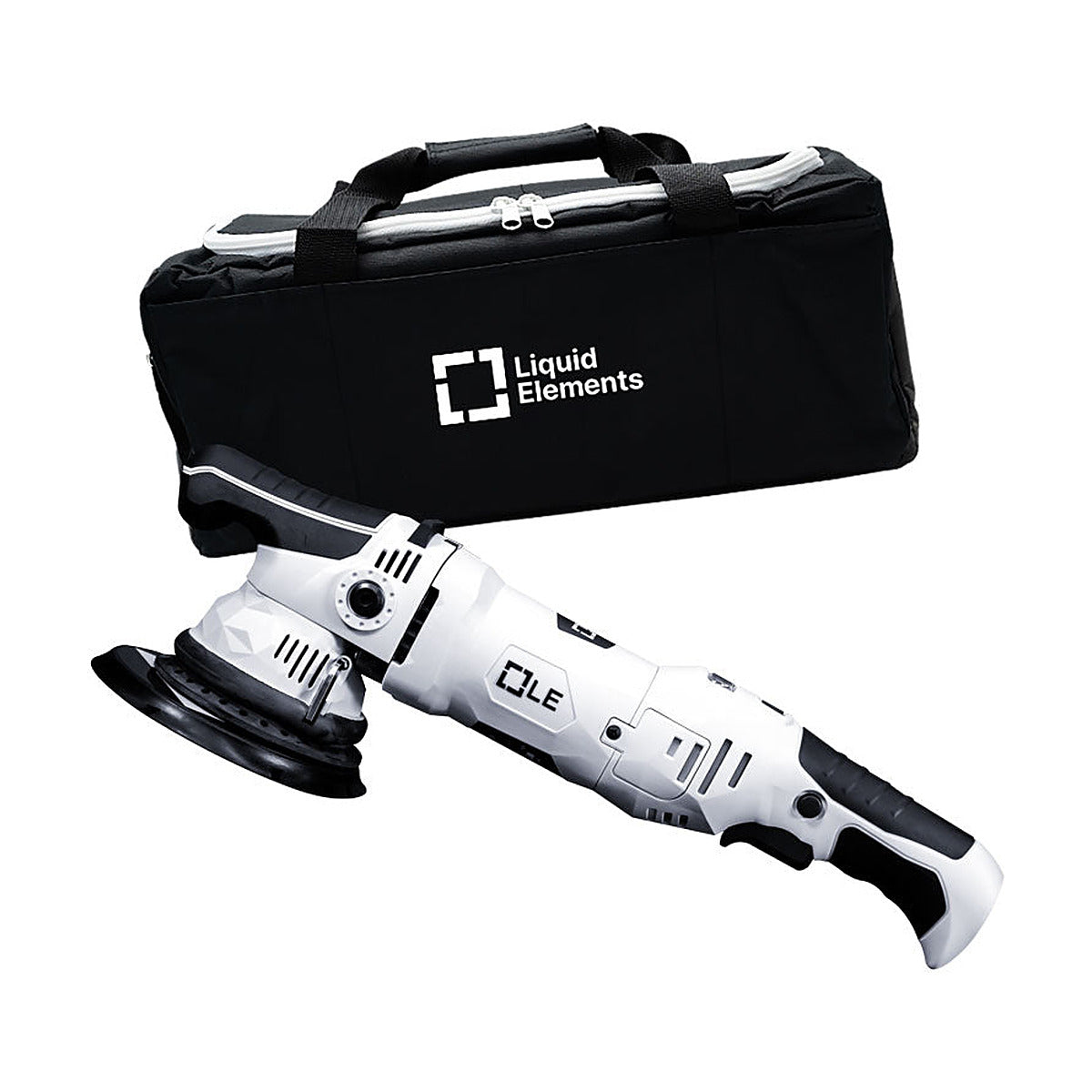 Liquid Elements T5200 21mm long throw polisher with storage bag, front view