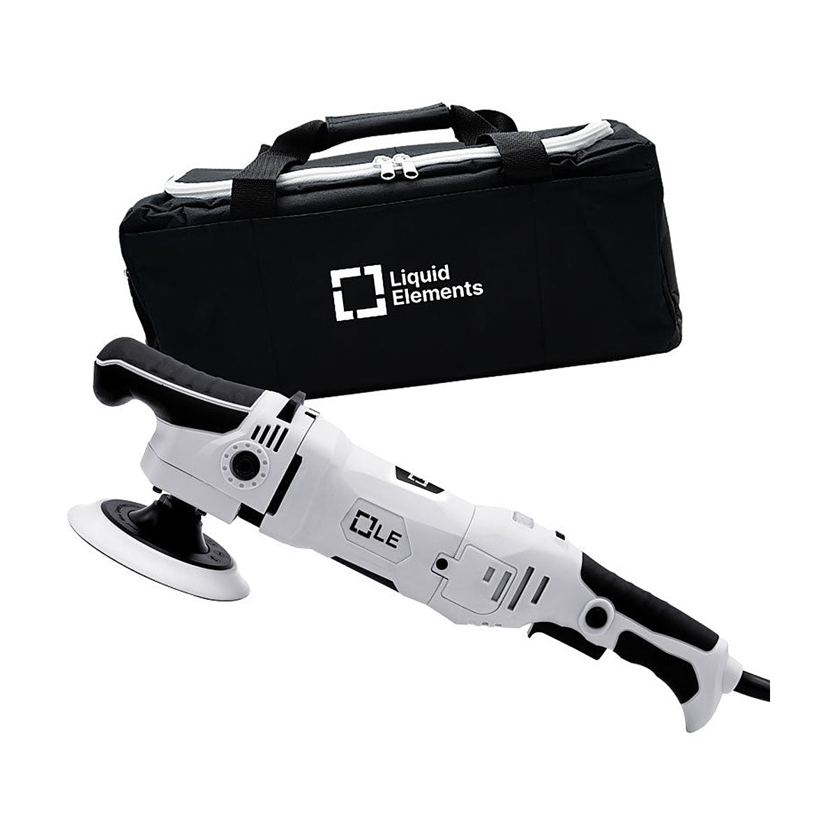 Liquid Elements Terminator V2 rotary polisher with storage bag, front view