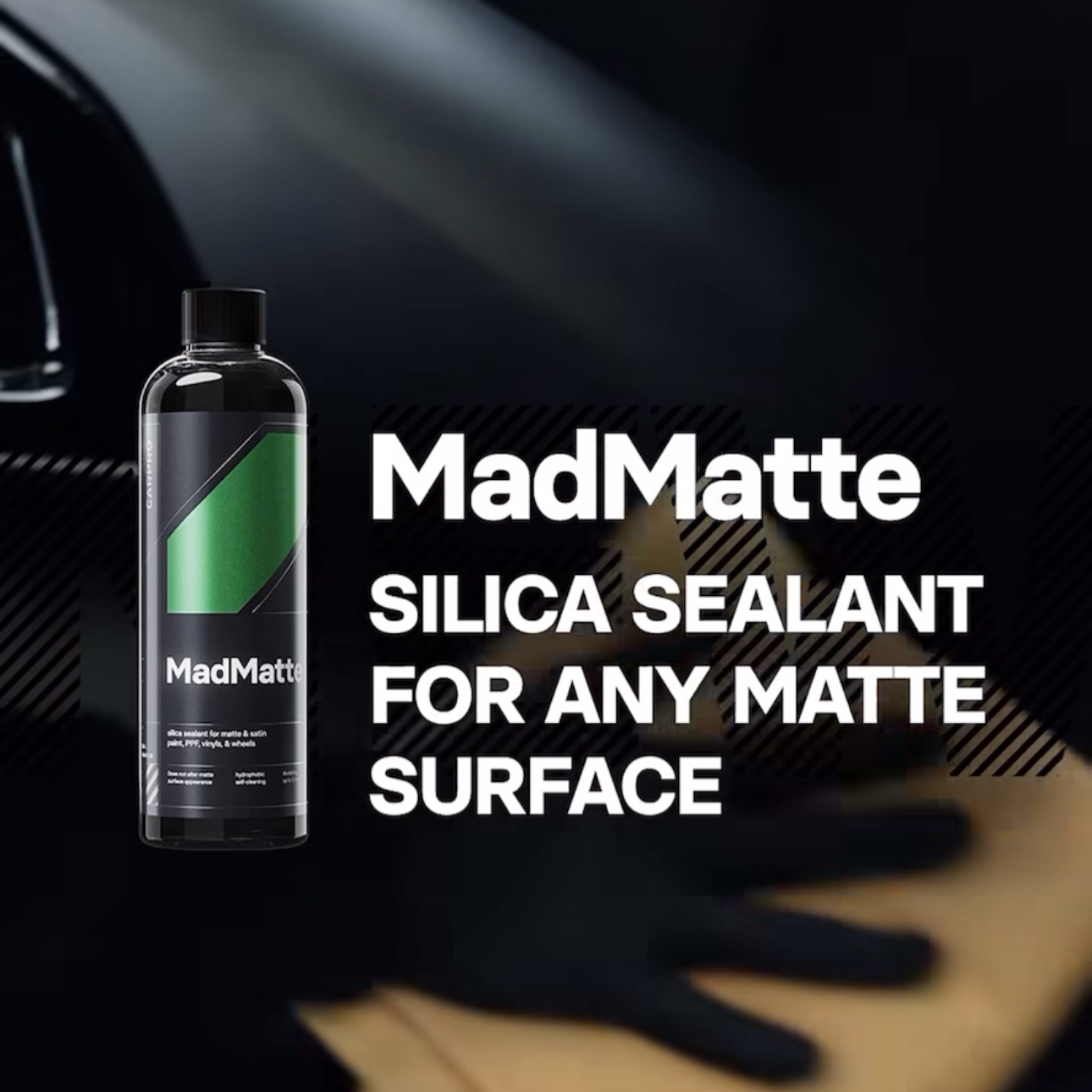 CarPro MadMatte bottle with matte car panel — silica sealant for any matte surface
