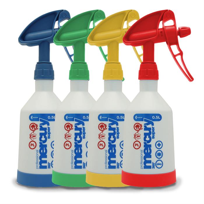 Kwazar Mercury Pro+ 360 trigger spray bottles 4 pack in blue, green, yellow and red