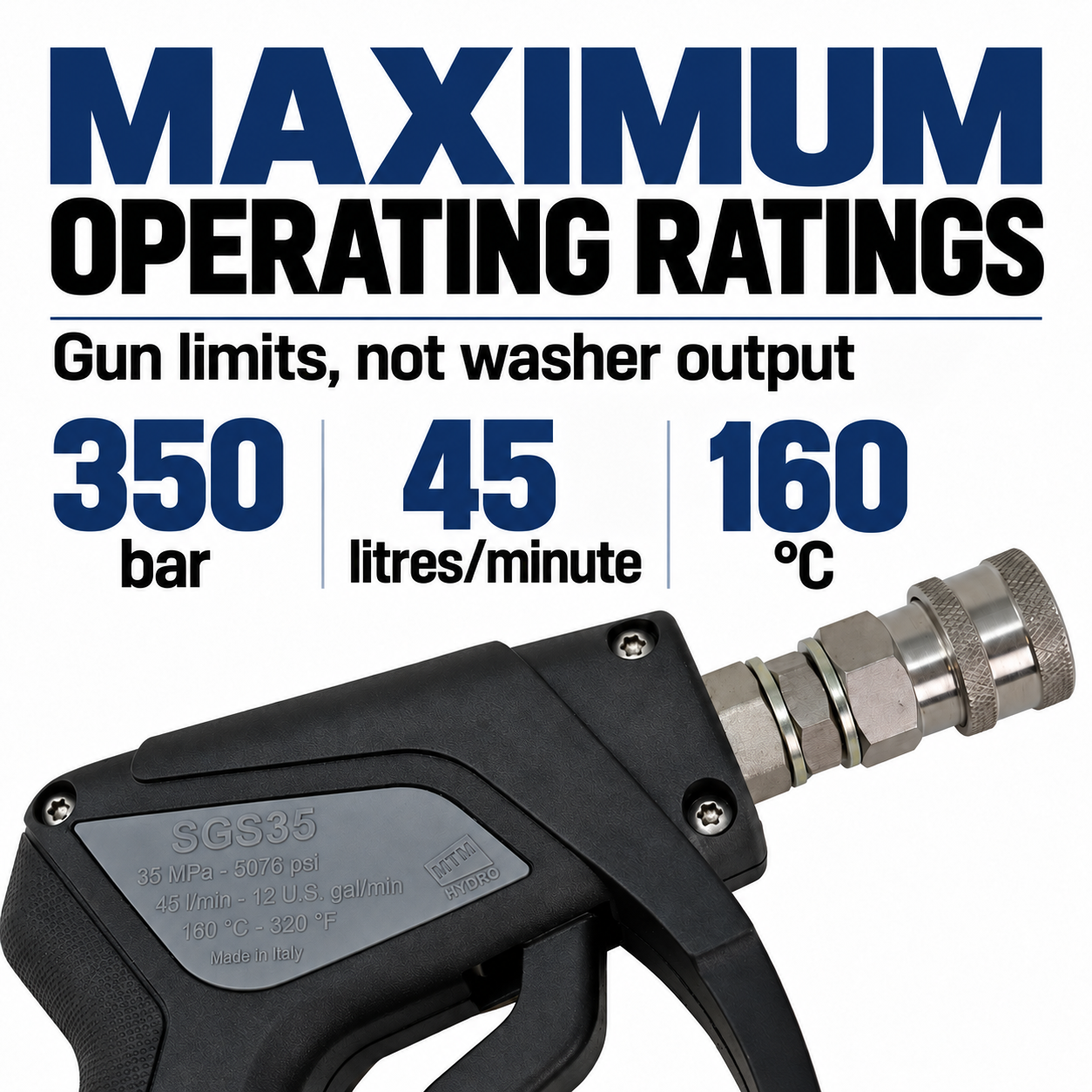 MTM Hydro SGS35 Stainless Steel Swivel Trigger Gun with Nozzle Kit — What are its maximum ratings?