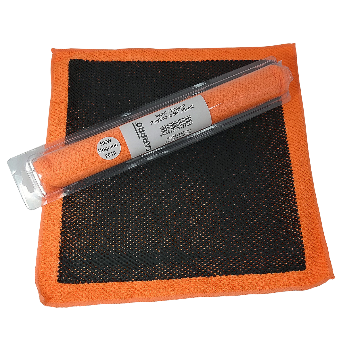 CarPro PolyShave towel unfolded showing the decontamination face and packaging