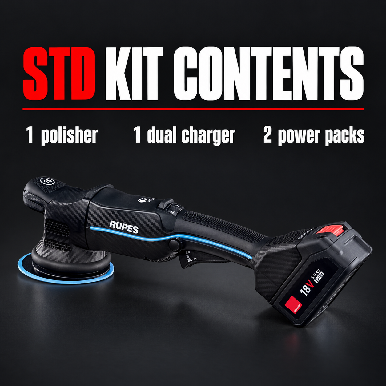 Rupes BigFoot HLR15 iBrid Cordless Polisher 15mm — What comes with STD?
