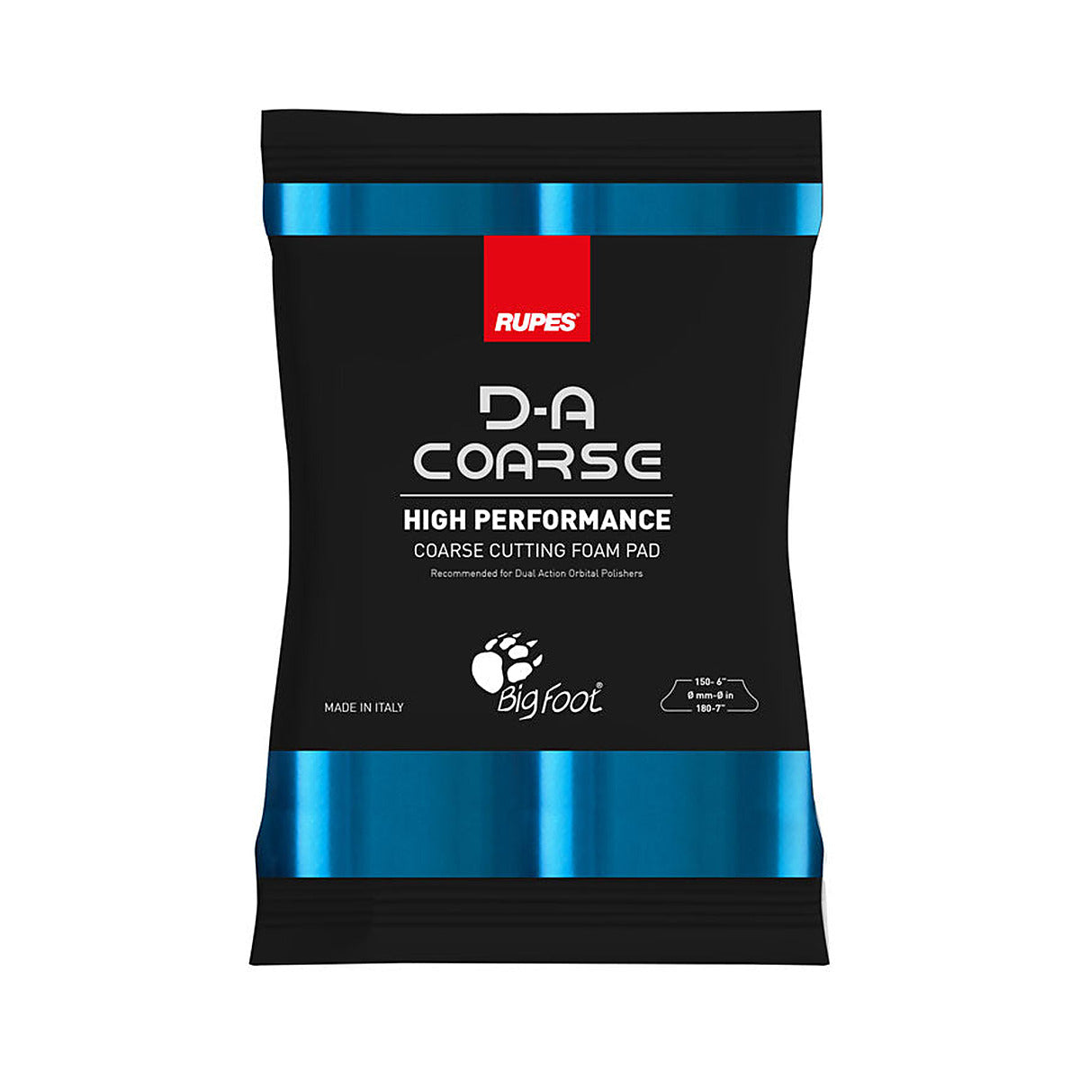 Rupes D-A Coarse cutting foam pad in its BigFoot flow pack packaging