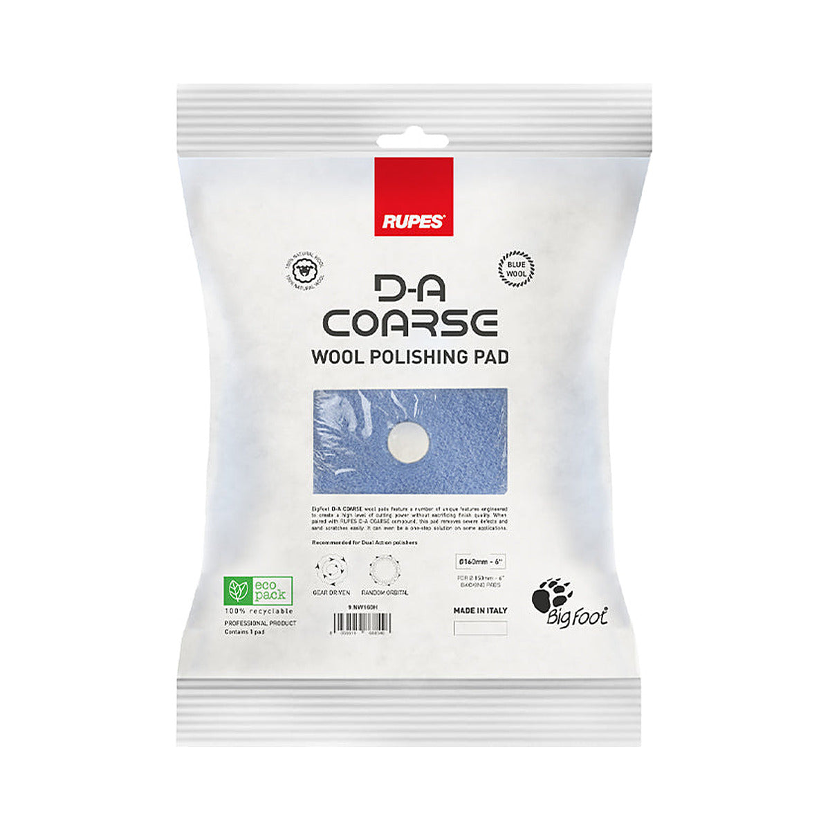 Rupes D-A Coarse wool polishing pad in its flow pack packaging