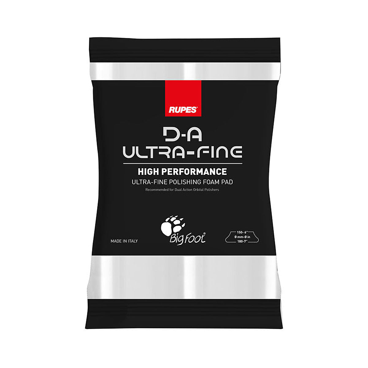 Rupes D-A Ultra-Fine polishing foam pad in its BigFoot flow pack packaging