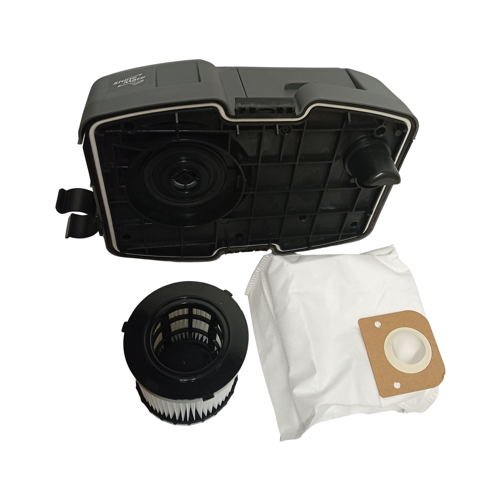 ShineMate dust bag and HEPA filter seated in the EC405 vacuum base — fitment view